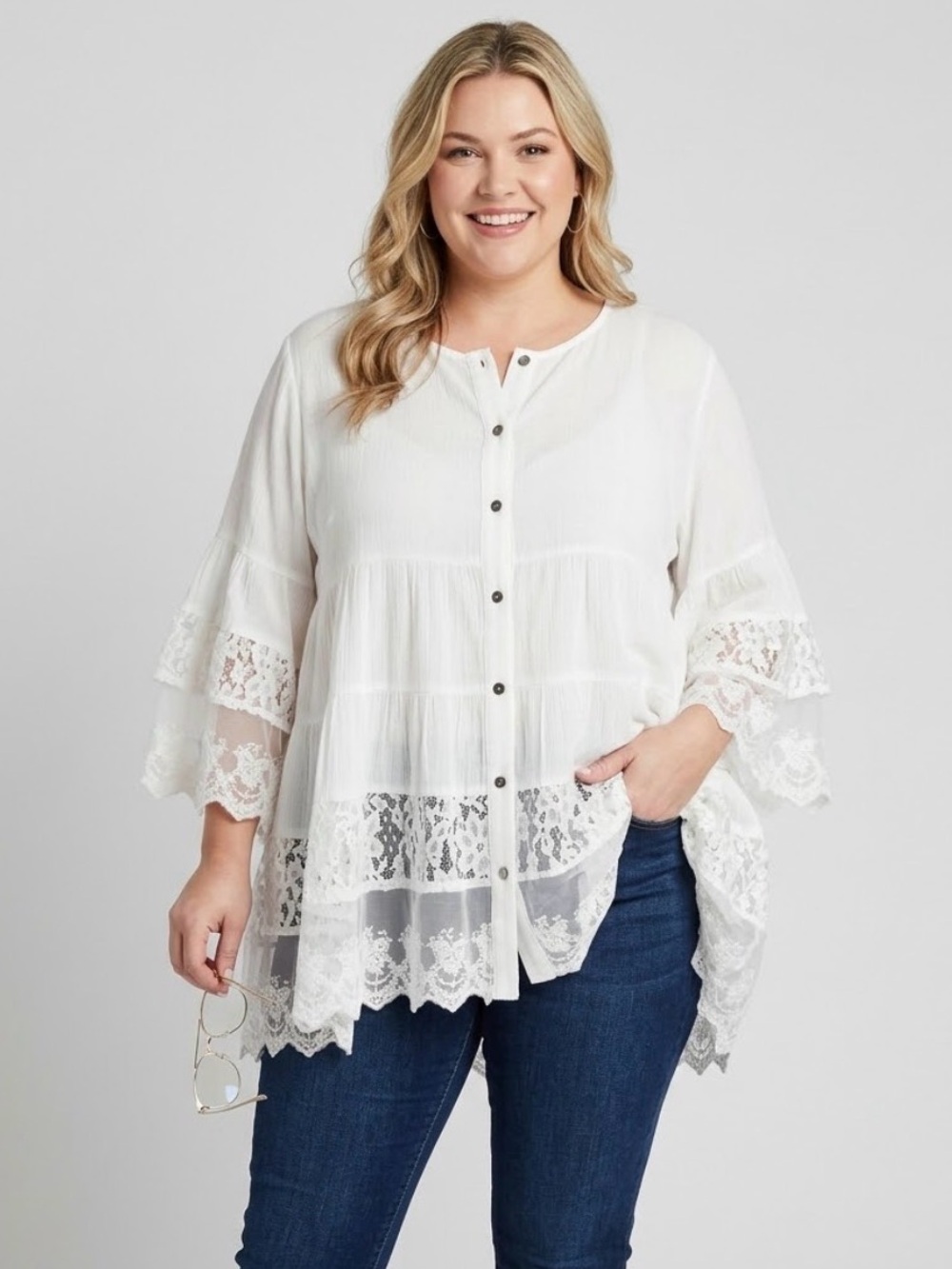 White Lace Tunic Blouse Boho Tiered Bell Sleeve Button Down Oddi Plus Size 1X